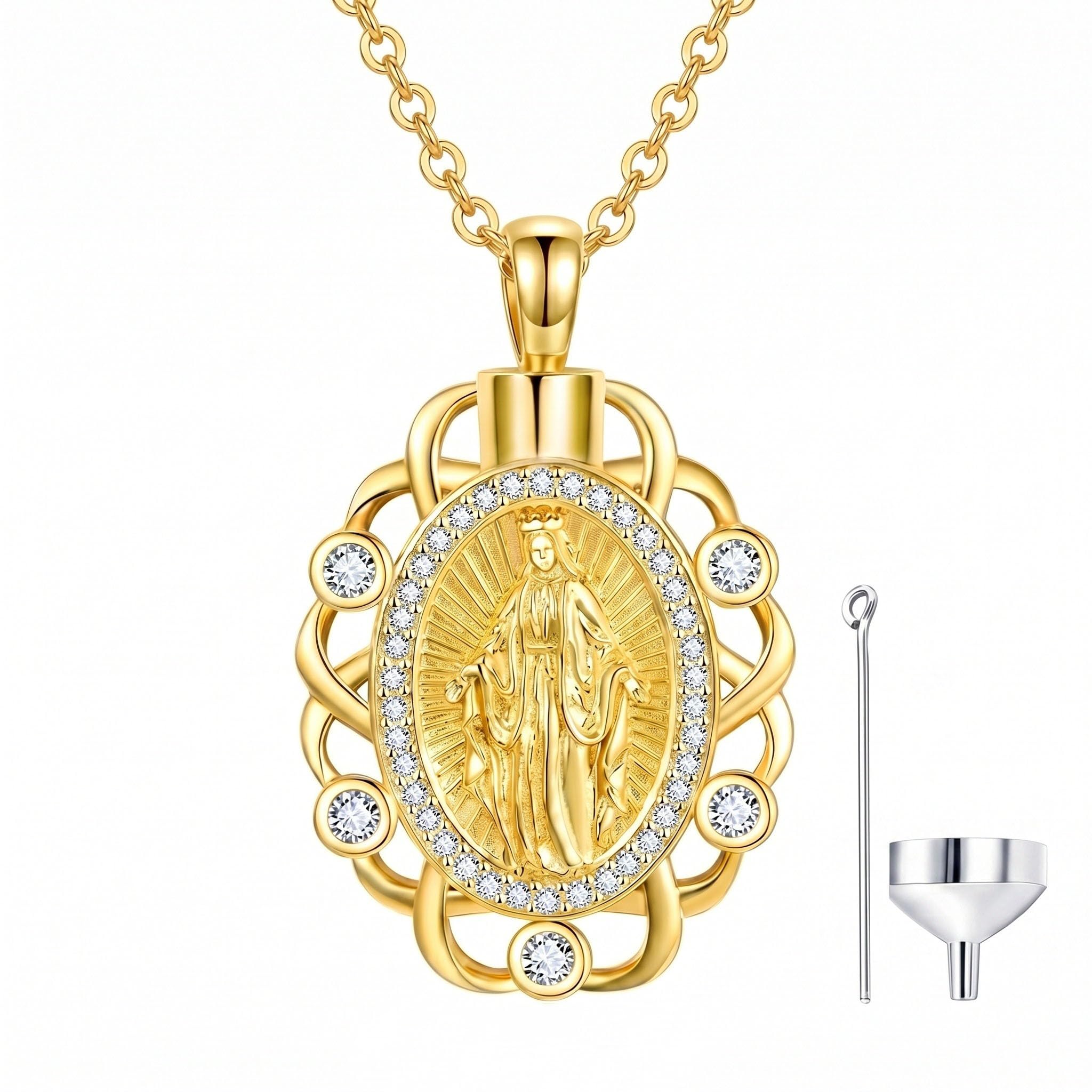 TANGPOET Virgin Mary Urn Necklace for Ashes Gold Plated Sterling Silver Virgen de Guadalupe Pendant Necklace Medalla de la Virgen Milagrosa Cremation Faith Anniversary Birthday Gift for Wife Mom Her