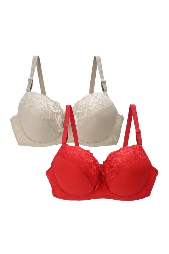 2 Pack Bras for Women Lace Embroidered Thin Plus Size Push-Up Lingerie Full Coverage Adjustable Strap Solid Plunge Beige+Red 42E