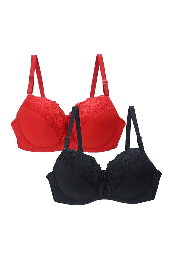 2 Pack Bras for Women Lace Embroidered Thin Plus Size Push-Up Lingerie Full Coverage Adjustable Strap Solid Plunge Red+Black 40C