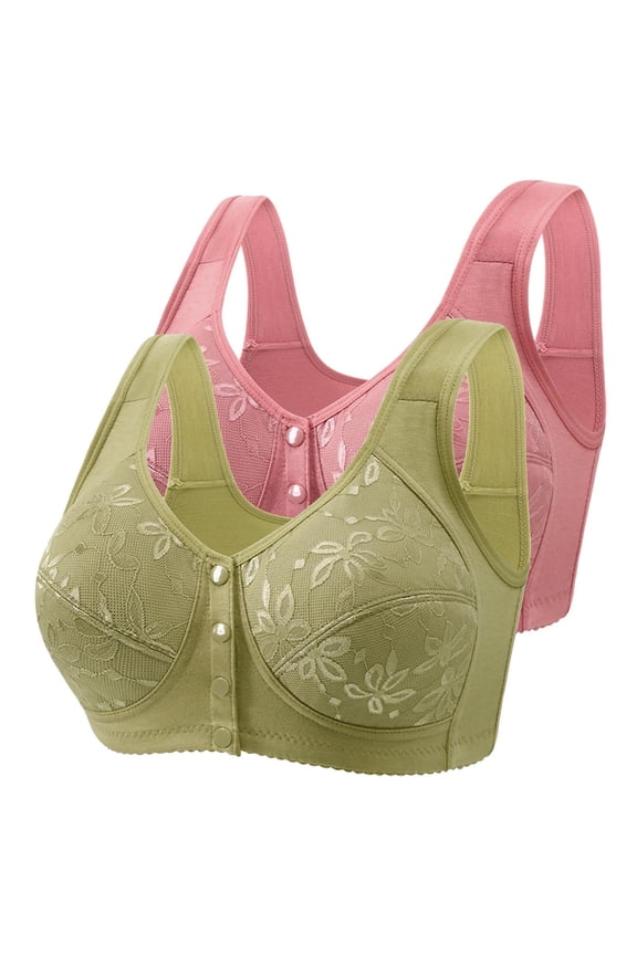 2 Pack Women'S Floral Bra Front Closure Push-Up Anti-Sagging Beauty Back Shaping Lift Wirefree Support Smoothing Green+Pink 48