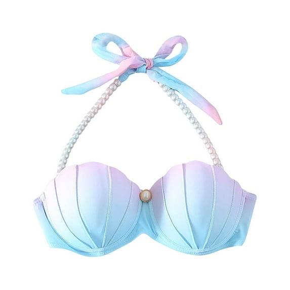 TANGQIOP Bathing Suit for Women Bikini Tops with Moire Tie Halter UV Protection Padded Swim Pants Fully Lined H L