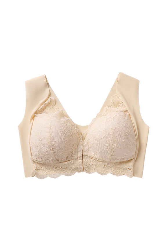 Bras for Women Lingerie Front Snap Solid Lace Wireless Seamless Minimizer Wide Strap Push-Up Support Lifting Lingerie Beige M