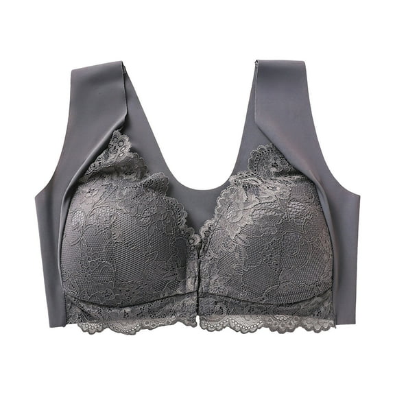 TANGQIOP Bras for Women Lingerie Front Snap Solid Lace Wireless Seamless Minimizer Wide Strap Push-Up Support Lifting Lingerie Grey XL