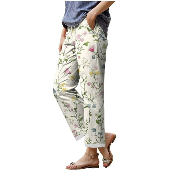 TANGQIOP Causal Pants for Women Daily Floral Print Beach-Style Drawstring Pocketed Loose Wide Straight Leg Longline Vintage Beige XXXL