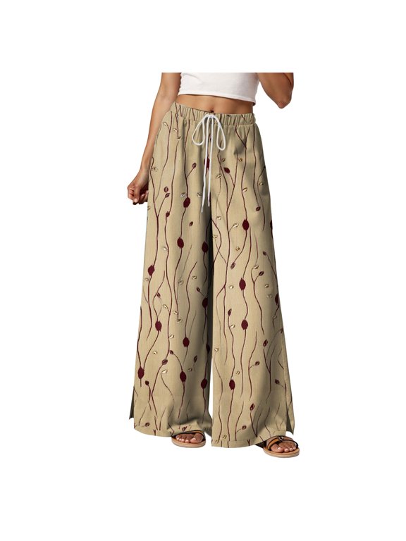 Causal Pants for Women Floral Print Loose Fit Wide Leg Longline Split-Side Drawstring High Elasticized Waisted Khaki S