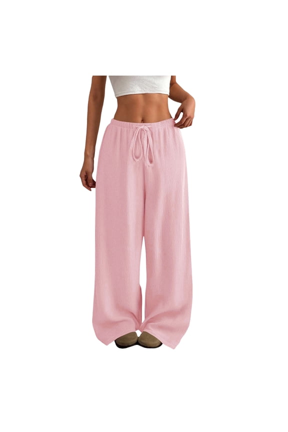 Causal Pants for Women Solid Color Loose Fit Bark Texture High Drape Drawstring Elasticized Waist Wide Leg Solid Pink L