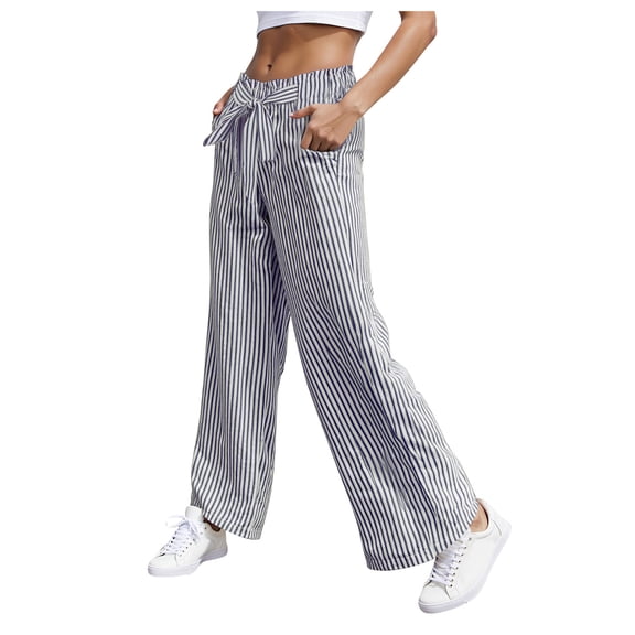 TANGQIOP Causal Pants for Women Solid Color Striped Straight Wide Leg Elasticized High Waisted Drawstring Pocketed Blue XL