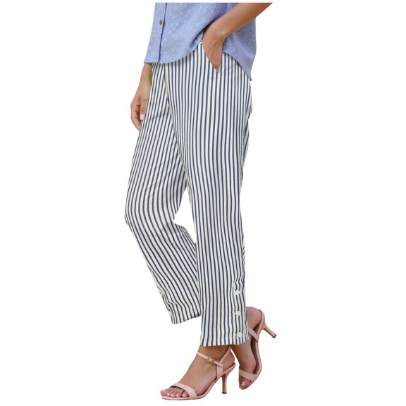 TANGQIOP Causal Pants for Women Solid Color Striped Straight Wide Leg Elasticized High Waisted Pocketed Button Breathable Blue XL