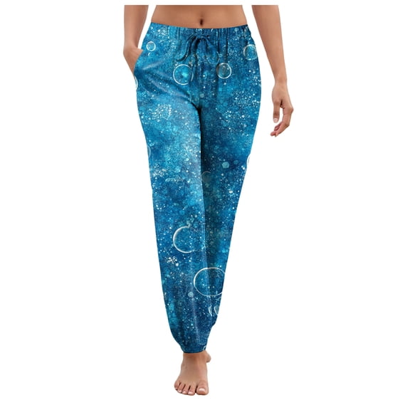 TANGQIOP Causal Pants for Women Vintage Ethnic Style Print High Elasticized Waisted Jogger Loose Fit Pocket Breathable Blue L