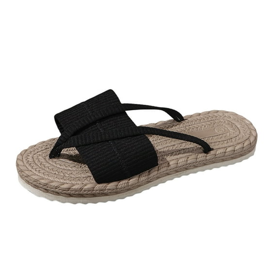 TANGQIOP Flat Flip Flops for Women with Toe Strap Straw Weave Plus Size Casual Braided Vintage Open Toe & Heel Slip On Black 40