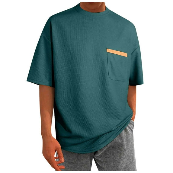 TANGQIOP Men'S T-Shirts Short Sleeve Plus Size Waffle Knit Loose Fit Pocket Half Sleeve Solid Color Quick Dry Athletic Breathable Dark Green S