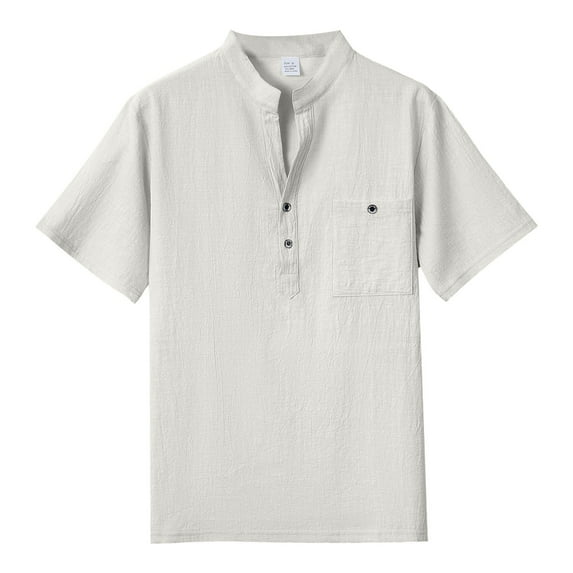 TANGQIOP Men'S T-Shirts Short Sleeve Stand Collar Solid Color Linen Tops Thin Loose Cotton Button Up Casual Quick Dry Breathable Beige L