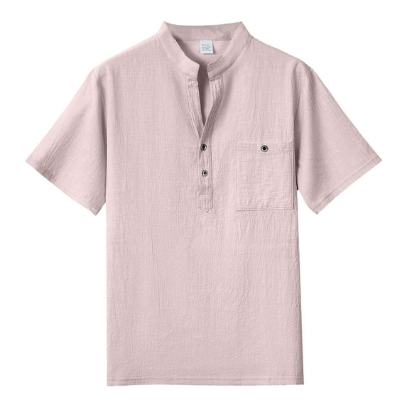 TANGQIOP Men'S T-Shirts Short Sleeve Stand Collar Solid Color Linen Tops Thin Loose Cotton Button Up Casual Quick Dry Breathable Light Pink XL