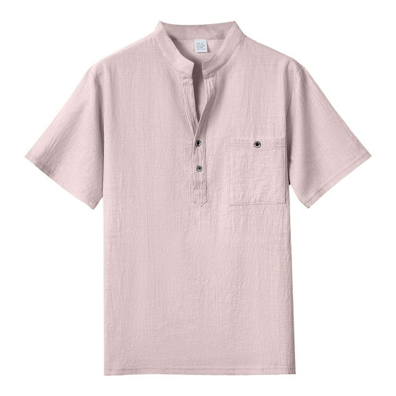 TANGQIOP Men'S T-Shirts Short Sleeve Stand Collar Solid Color Linen Tops Thin Loose Cotton Button Up Casual Quick Dry Breathable Light Pink XXL