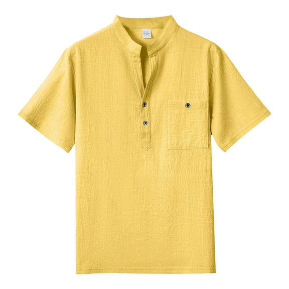 TANGQIOP Men'S T-Shirts Short Sleeve Stand Collar Solid Color Linen Tops Thin Loose Cotton Button Up Casual Quick Dry Breathable Yellow XL