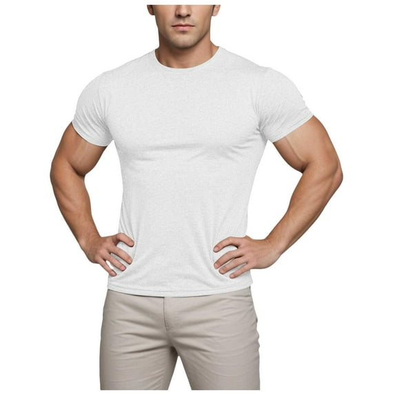 TANGQIOP Men Short Sleeve T-Shirts with Crew Neck Training Running Fitness Athletic Color Cotton Stretchable Top Quick Dry Breathable White S