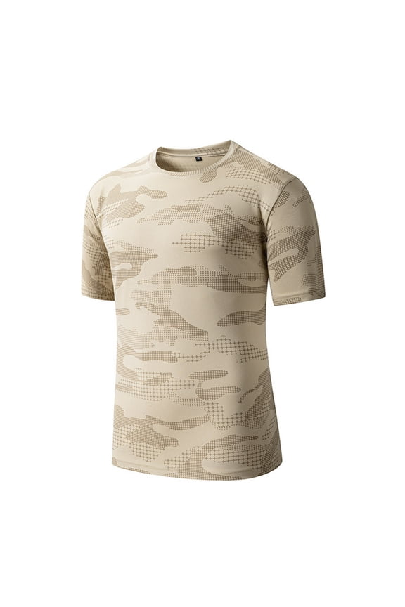 Men T-Shirts Short Sleeve Ice Silk Quick Dry Loose Casual Camouflage Thin Crew Neck Moisture Wicking Breathable Khaki XXL