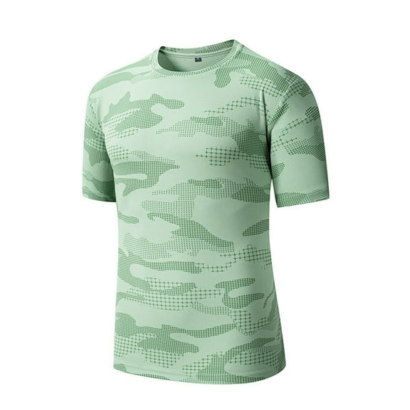 TANGQIOP Men T-Shirts Short Sleeve Ice Silk Quick Dry Loose Casual Camouflage Thin Crew Neck Moisture Wicking Breathable Light Green L
