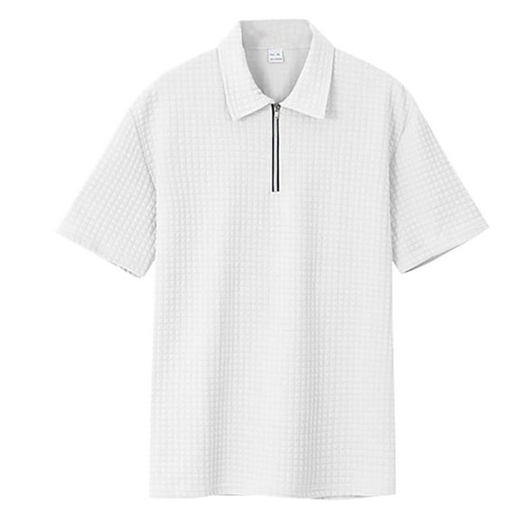 TANGQIOP Men T-Shirts Short Sleeve Loose Jacquard Check Zip Collared Neck Polo Shirt Athletic Solid Color Quick Dry Breathable White XL