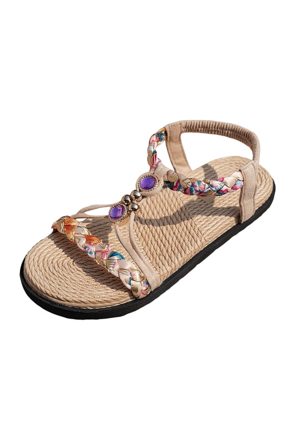 Platform Sandals for Women Boho Style Trendy Braided Strap Rhinestone Hollow Out Open Toe Color Block Shoes C 41