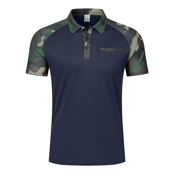 TANGQIOP Short Sleeve T-Shirts for Men Camouflage Color Blocking Collared Neck Cotton Pocket Polo Shirts Outdoor Quick Dry Casual Navy L