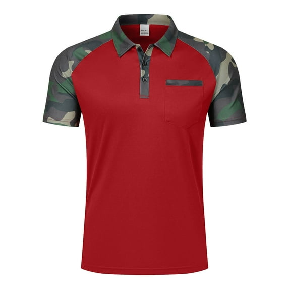 TANGQIOP Short Sleeve T-Shirts for Men Camouflage Color Blocking Collared Neck Cotton Pocket Polo Shirts Outdoor Quick Dry Casual Red XL