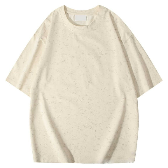 TANGQIOP Short Sleeve T-Shirts for Men Plus Size Heavyweight Loose Cotton Batik Washed Vintage Crew Neck Quick Dry Breathable Beige XXXL
