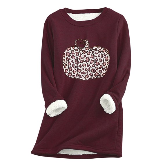 TANGQIOP Sweatshirts Tops for Women Crew Neck Halloween Pumpkin Leopard Print Thickened Thermal Long Sleeve Top Funny Casual Wine XL