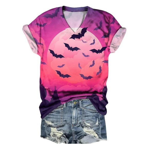 TANGQIOP T-Shirts Tops for Women V-Neck Short Cap Sleeve Tee Top Halloween Tree Bats Print Funny Casual Loose Fit Lightweight Light Purple S