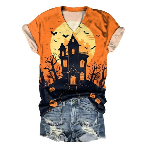 TANGQIOP T-Shirts Tops for Women V-Neck Short Cap Sleeve Tee Top Halloween Tree Bats Print Funny Casual Loose Fit Lightweight Orange M