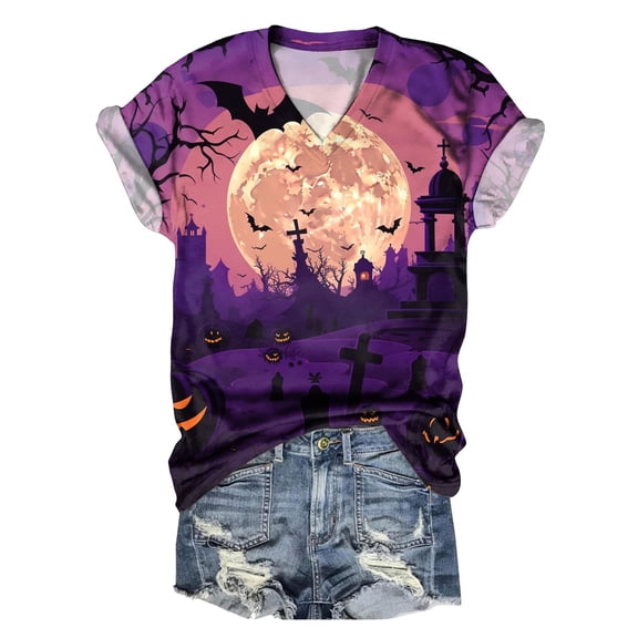 TANGQIOP T-Shirts Tops for Women V-Neck Short Cap Sleeve Tee Top Halloween Tree Bats Print Funny Casual Loose Fit Lightweight Purple S