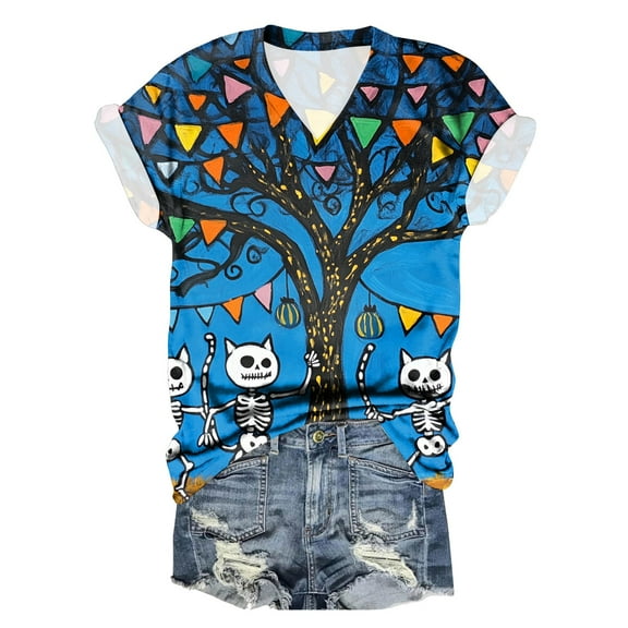 TANGQIOP T-Shirts Tops for Women V-Neck Short Cap Sleeve Tee Top Halloween Witch Tree Skeleton Cat Bat Print Funny Casual Blue M