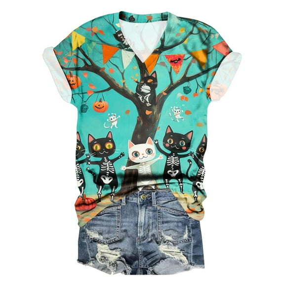 TANGQIOP T-Shirts Tops for Women V-Neck Short Cap Sleeve Tee Top Halloween Witch Tree Skeleton Cat Bat Print Funny Casual Green XL