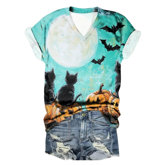 TANGQIOP T-Shirts Tops for Women V-Neck Short Cap Sleeve Tee Top Halloween Witch Tree Skeleton Cat Bat Print Funny Casual Mint Green XXXXXL