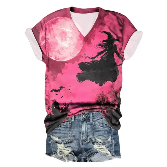 TANGQIOP T-Shirts Tops for Women V-Neck Short Cap Sleeve Tee Top Halloween Witch Tree Skeleton Cat Bat Print Funny Casual Red S