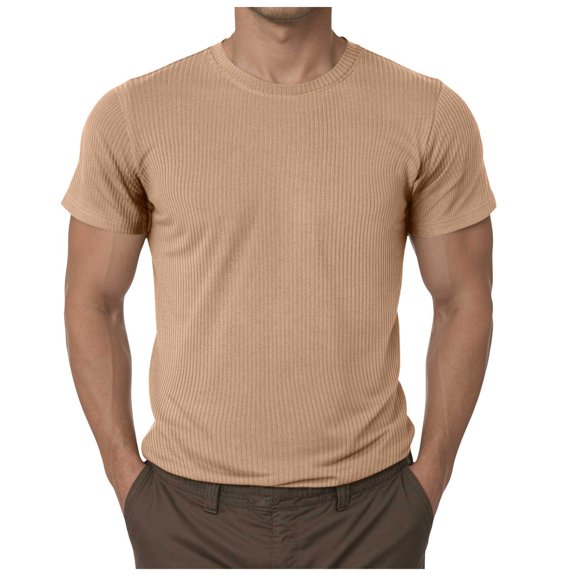 TANGQIOP T-Shirts for Men Short Sleeve Ribbed Knit Crew Neck Solid Color Slim Fit Athletic Quick Dry Moisture Wicking Breathable Khaki XL