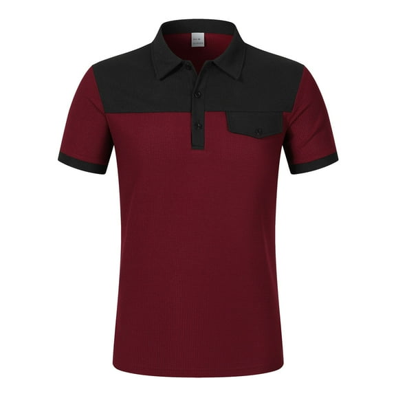 TANGQIOP T-Shirts for Men Short Sleeve Waffle Knit Color Blocking Stand Collar Slim Quick Dry Breathable Lightweight Casual Trendy Red XL