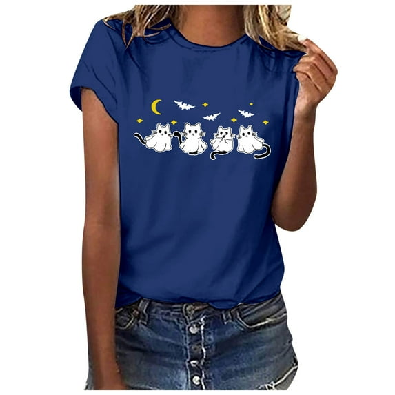 TANGQIOP T-Shirts for Women Tops Crew Neck Short Raglan Sleeve Tee Top Halloween Solid Cat Bat Print Funny Casual Loose Fit Navy S