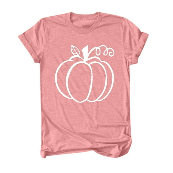 TANGQIOP T-Shirts for Women Tops Halloween Pumpkin Ghoul Print Crew Neck Short Cap Sleeve Tee Top Funny Solid Color Casual Pink S