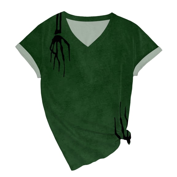 TANGQIOP T-Shirts for Women Tops V-Neck Short Cap Sleeve Tee Top Halloween Solid Bloodstains Bloody Grimace Print Funny Casual Green S
