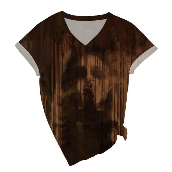 TANGQIOP T-Shirts for Women Tops V-Neck Short Cap Sleeve Tee Top Halloween Solid Bloodstains Bloody Grimace Print Funny Casual Khaki S