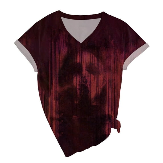 TANGQIOP T-Shirts for Women Tops V-Neck Short Cap Sleeve Tee Top Halloween Solid Bloodstains Bloody Grimace Print Funny Casual Wine L