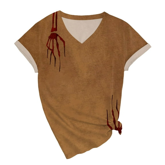 TANGQIOP T-Shirts for Women Tops V-Neck Short Cap Sleeve Tee Top Halloween Solid Bloodstains Bloody Grimace Print Funny Casual Yellow XL