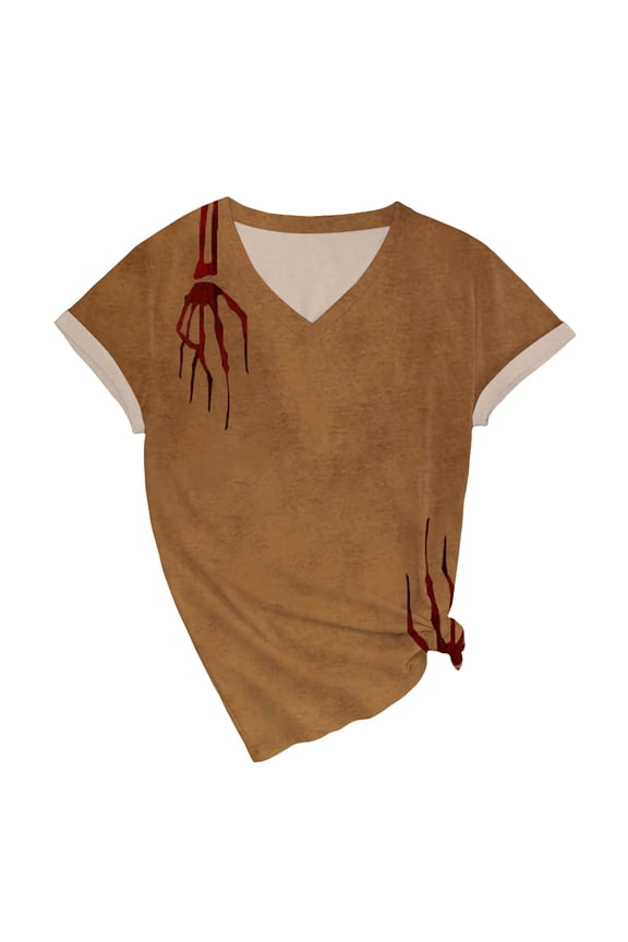 T-Shirts for Women Tops V-Neck Short Cap Sleeve Tee Top Halloween Solid Bloodstains Bloody Grimace Print Funny Casual Yellow XL