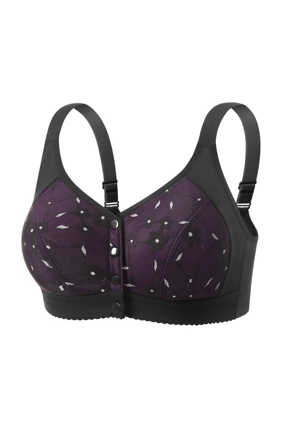 Underwire Bras For Women Front Closure Molded Cup Plus Size Smooth Wireless Wide Adjustable Strap Racerback Print Black XL