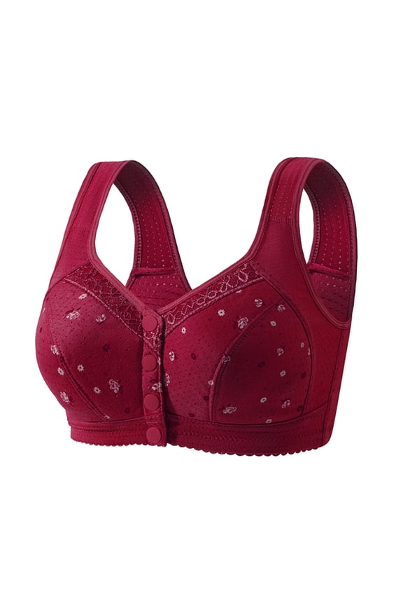 Women'S Bras Underwear Front Closure Print Plus Size Padless Thin Cotton Racerback Solid Color Wide Strap Full Coverage Red 50