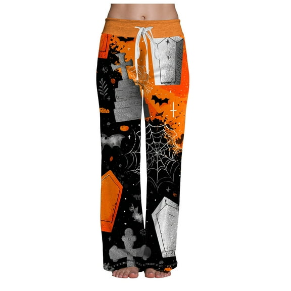 TANGQIOP Women'S Causal Pants Clothes Halloween Printed Comfortable Drawstring Wide Leg Slacks Longline Loose Elasticized Waisted Black XL