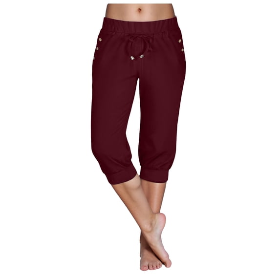 TANGQIOP Women'S Causal Pants Clothes Knit 3/4 Length Slim Elasticized High Waisted Drawstring Pocket Athletic Solid Color Capris Wine M