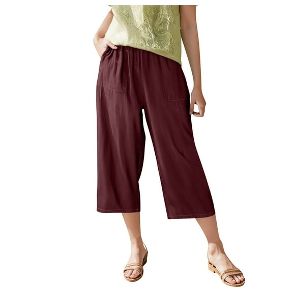 TANGQIOP Women'S Causal Pants Clothes Rayon Loose Fit Trendy Pocketed Solid Color 3/4 Length Capris Elasticized Waisted Wide Leg Wine M