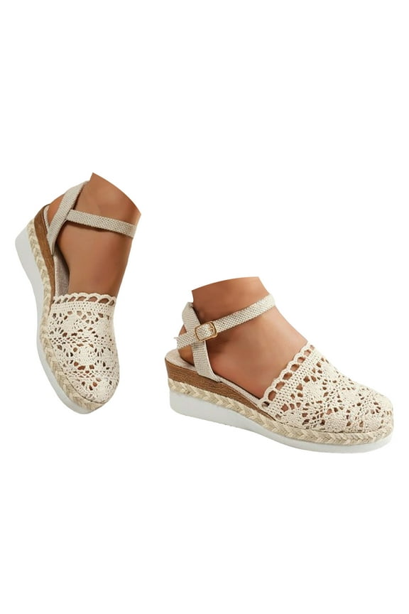 Women'S Closed Toe Wedge Sandals Trendy Casual Hollow Out Buckle Strap Braided Single Buckle Pointed Toe Shoes White 38